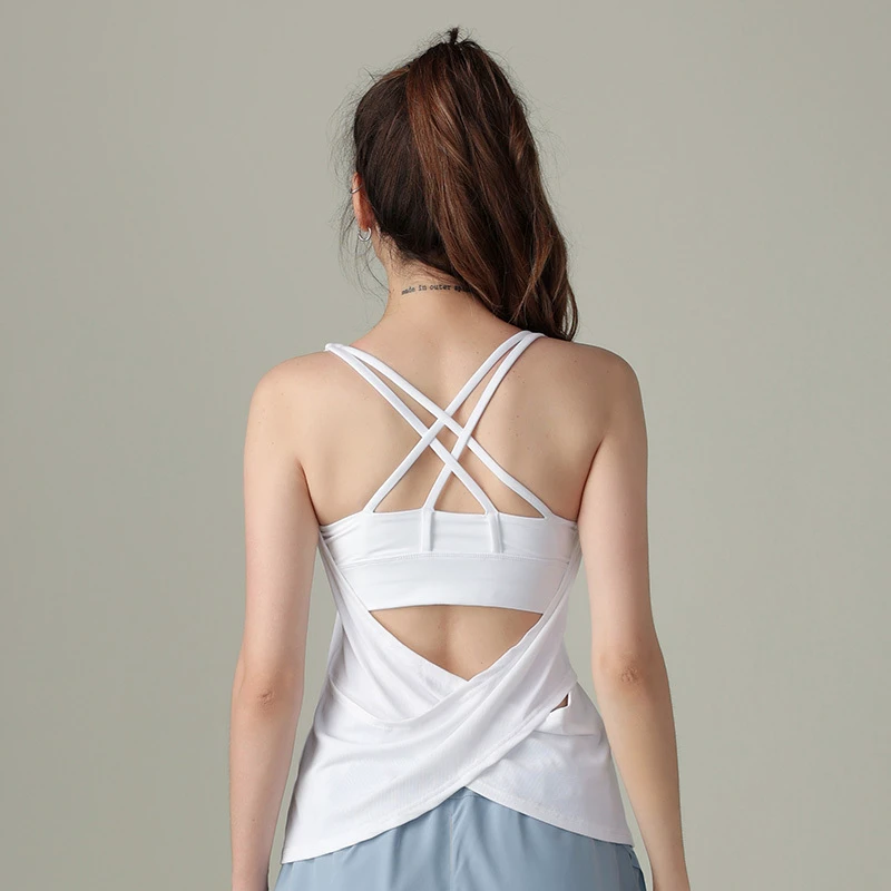 Custom Double Layer Women's Active Sports Yoga Running Wear Sleeveless Tops Wholesale Breathable Cross Back Tank Top Vest Woman