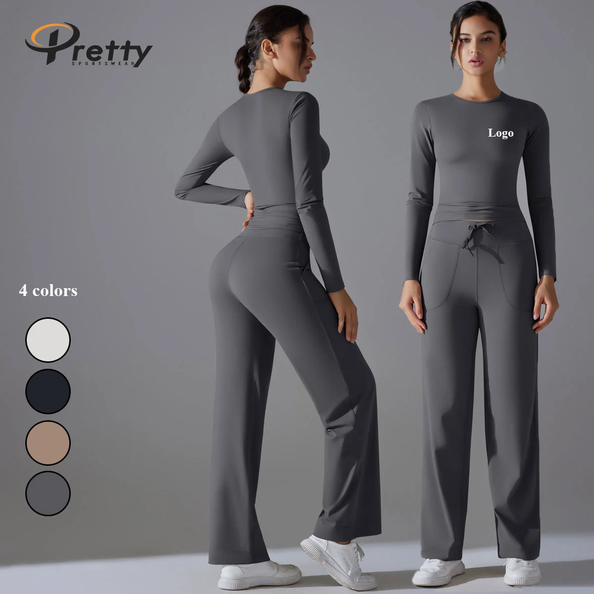 Women's 2025 High-Waisted Yoga Clothing Suit Double-Sided Nylon Solid Color Long- Sleeved Breathable with Front Logo
