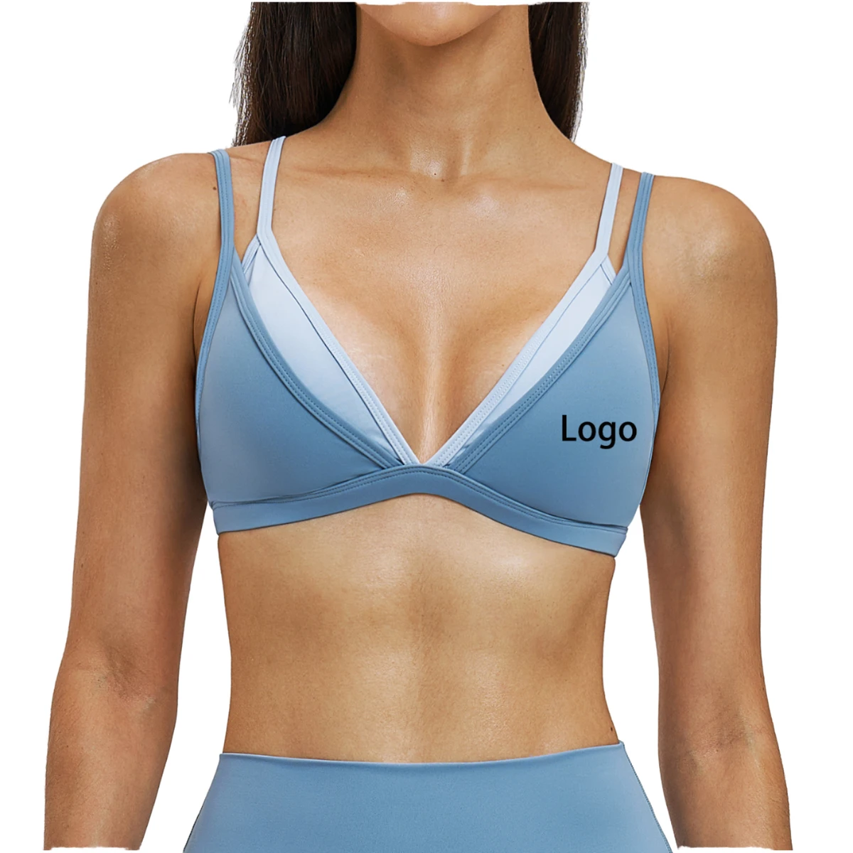Halim Sports Women Sexy Backless Deep V-Neck 2 in 1 Contrast Color Breathable Quick Dry Yoga Sports Bra