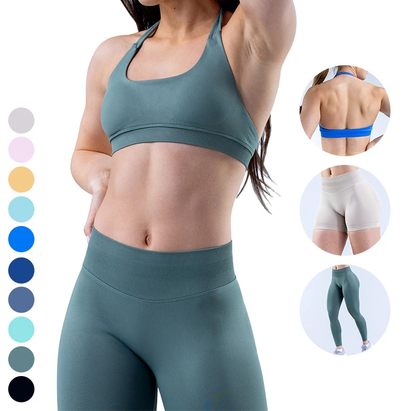 Custom Logo Women Sets Sports Bra Workout Leggings Shorts 3 Piece Suit High Elastic Gym Fitness Sets Seamless Yoga Set for Women