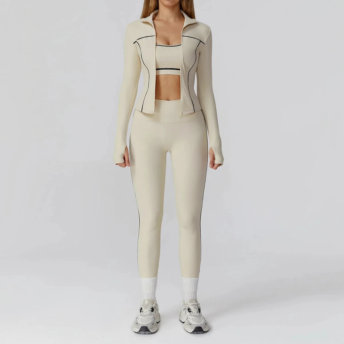 Women's Breathable Seamless Plus Size Yoga Jacket Set Long Sleeve Zip-Up Fitness Jacket High Waist Leggings-Quick Dry Activewear