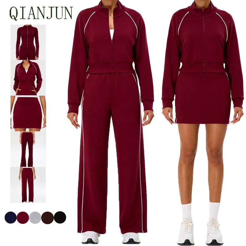 Women Solid Color Sweatsuits Set Five-piece Yoga Fitness Suit Long Sleeve Stand Collar Outdoor Running Fitness Suit