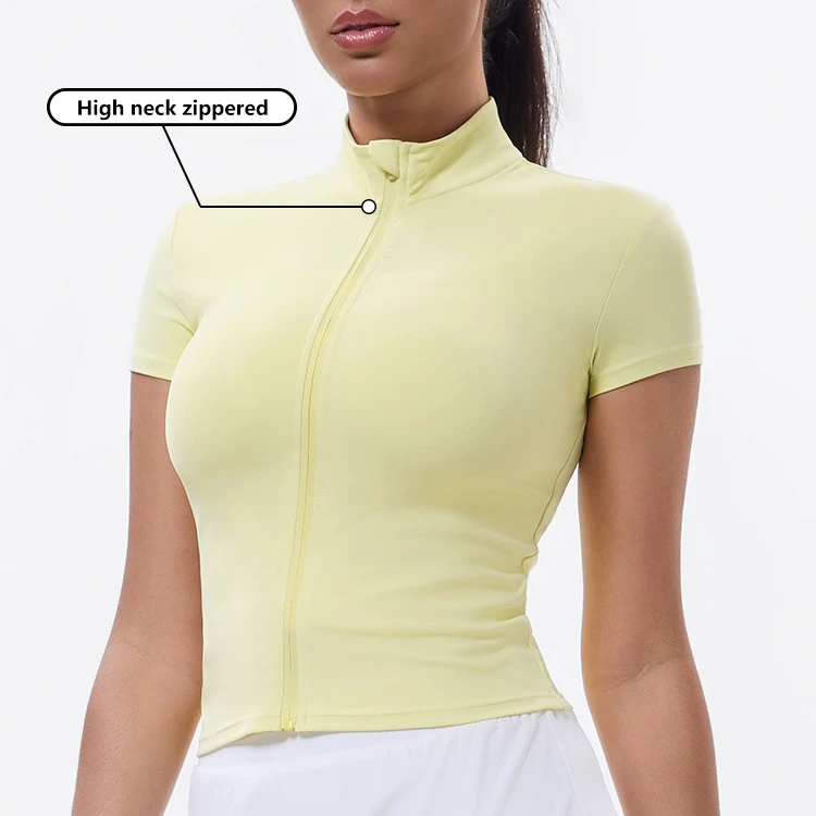 Tight 80%Nylon 20%Spandex High Neck Zippered T-Shirt Slim High Stretch Crop Top Women Sports Fitness Yoga Short SleeveJacket