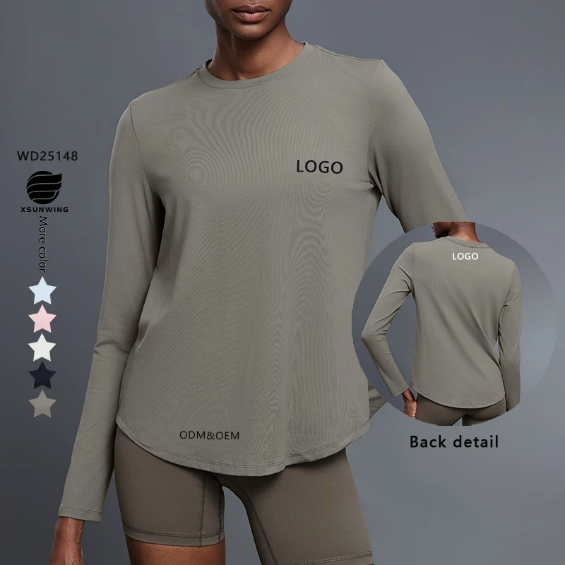 Xsunwing New Round Neck Elastic Yoga T-shirt Loose Fitness Top Casual Long Sleeve Running Workout Sport Shirts for Women WD25148