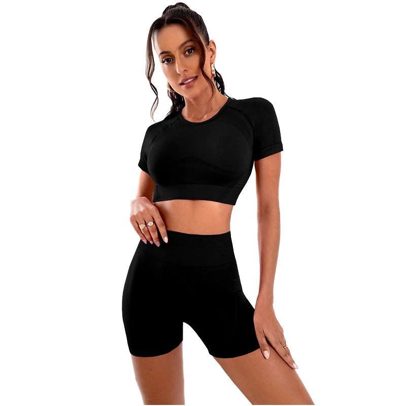 Women's 2-Piece Lightweight Floral Seamless Yoga Set-High Elastic Waist Shorts & Active Stretch Top Butt Lifting Back Support