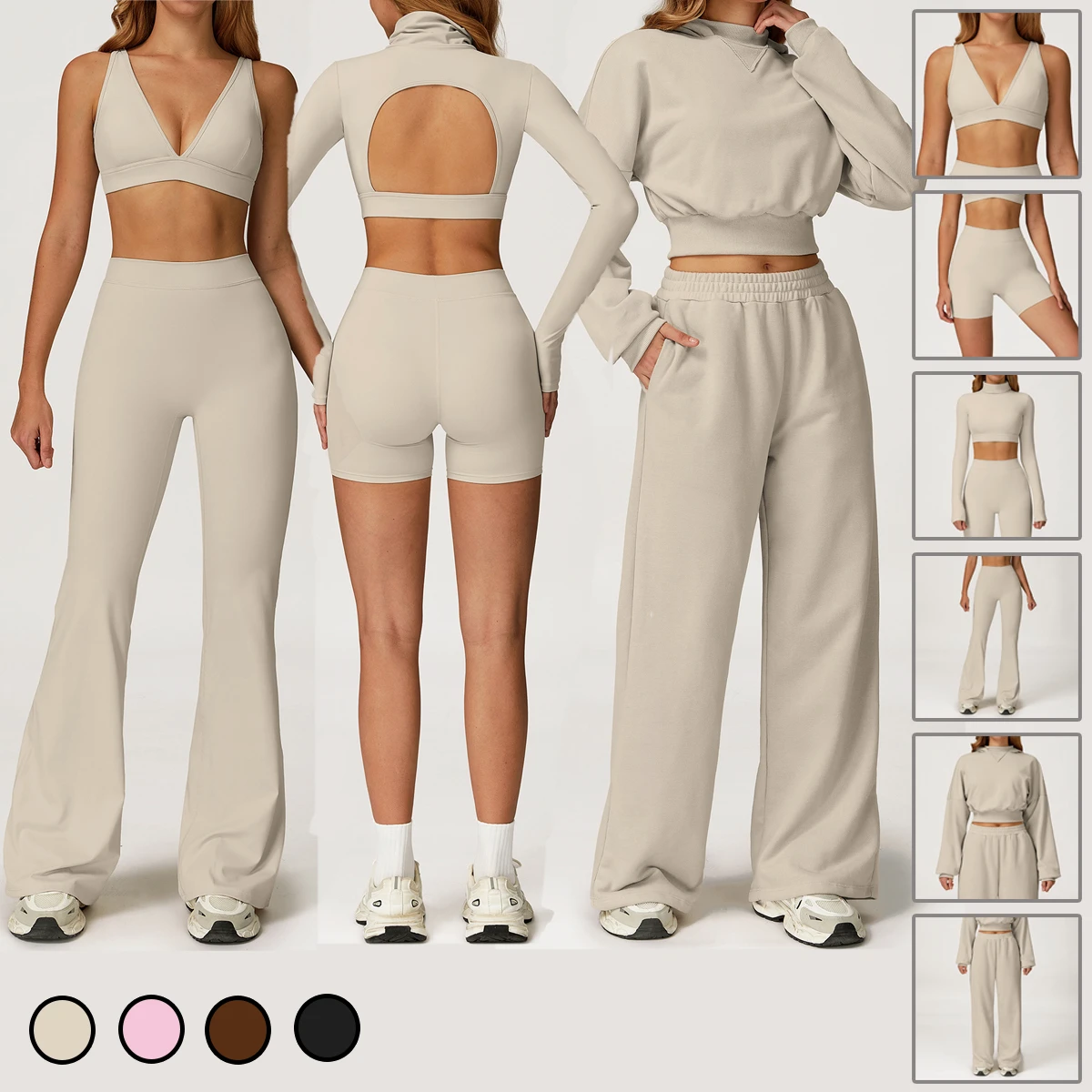 Wholesale Women's Clothes V-neck Sports Bra Crop Top Women Activewear Butt -lift Shorts Low Waist Flared Pants 6 Pcs Yoga Sets