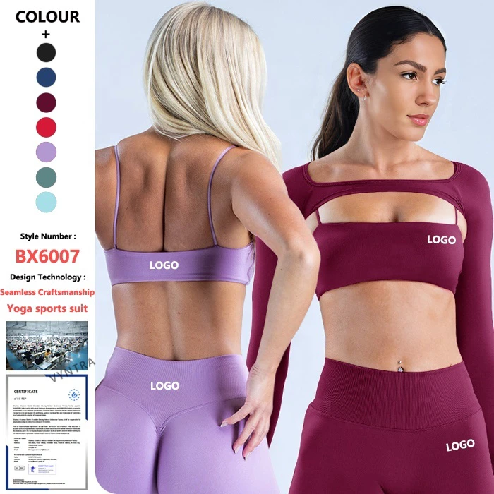 Custom Logo Seamless Fitness Gym Long Sleeve Butt Lifting Leggings Shorts Activewear Sports Bra Women Workout Pilates Yoga Set