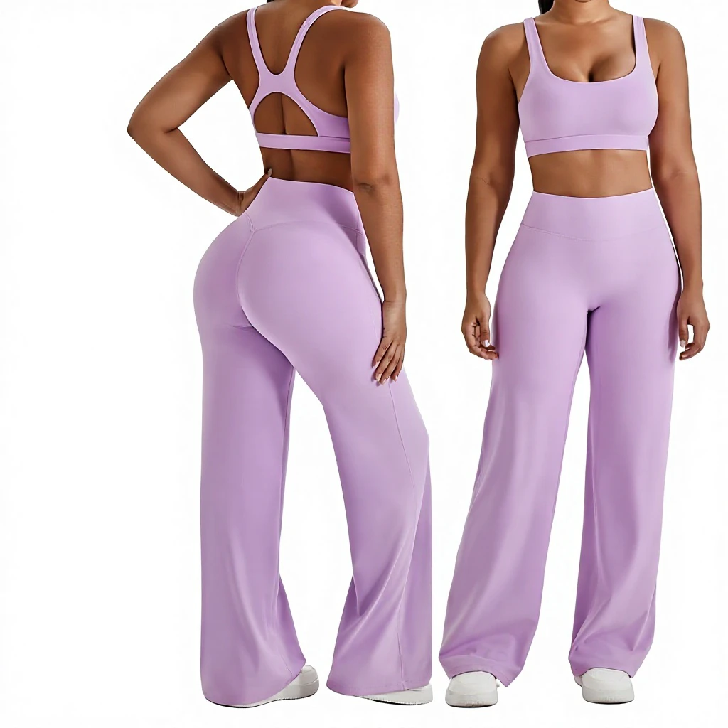 Cross-Border Solid Straight-Leg High-Waist Nude-Feel Yoga Suit Women's Tight-Fit Quick-Dry Spandex/Nylon Wrinkle-Resistant Set
