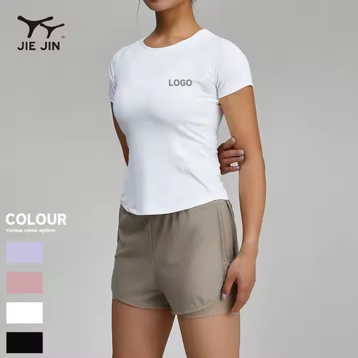 JIEJIN OEM&ODM Women Yoga Wear Muscle Slim Fit Breathable Running Gym Fitness Short Sleeve T Shirt
