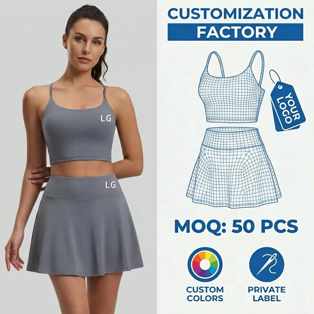 Custom Private Label Grey Thin Strap Sports Bra And High Waist Flare Skort Set 2 Piece Yoga Workout Gym Wear For Women