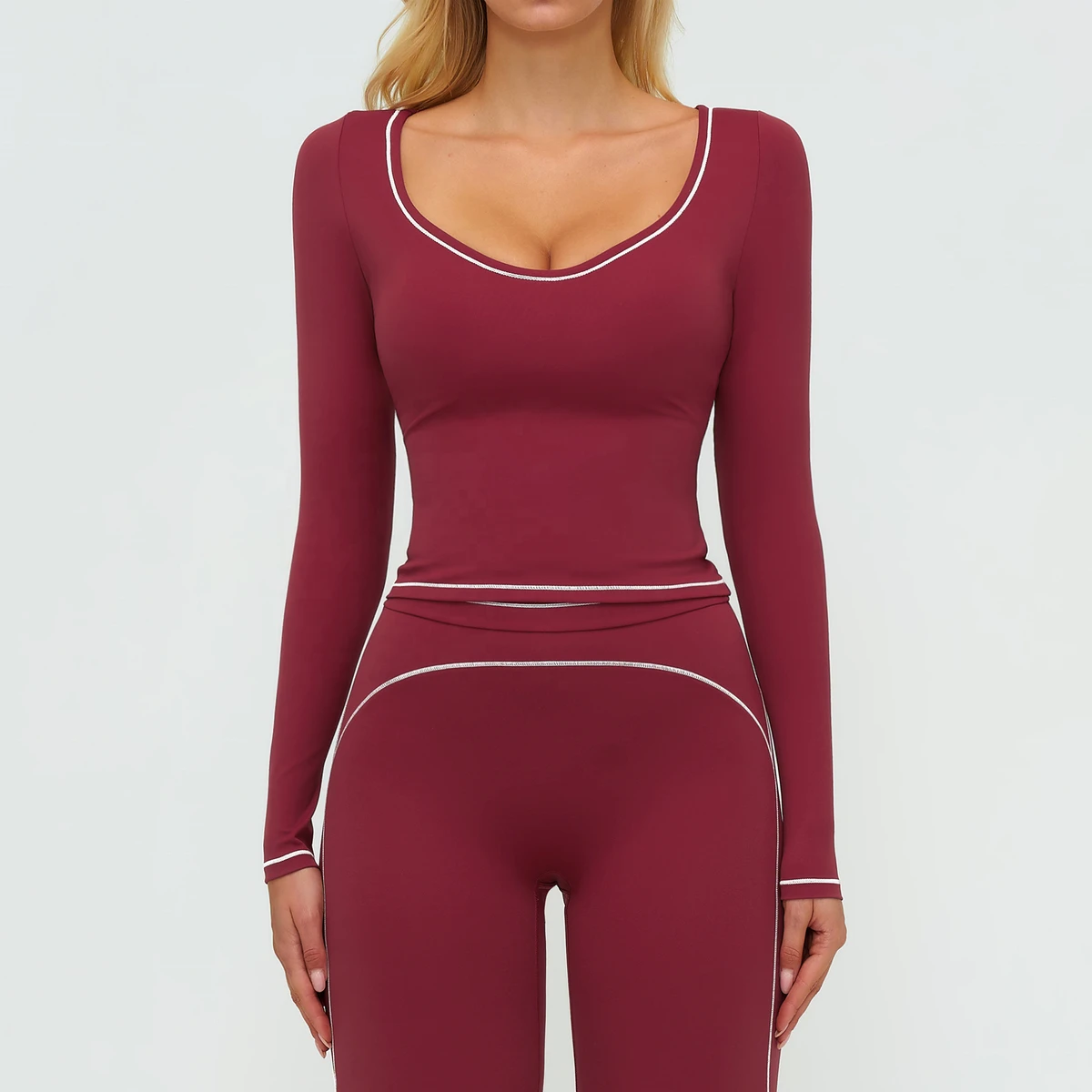 Yoga Long Sleeve Contrast Stitch Brushed Fit Slim Fashion T-Shirt Sweat Wick Outdoor Sports Top