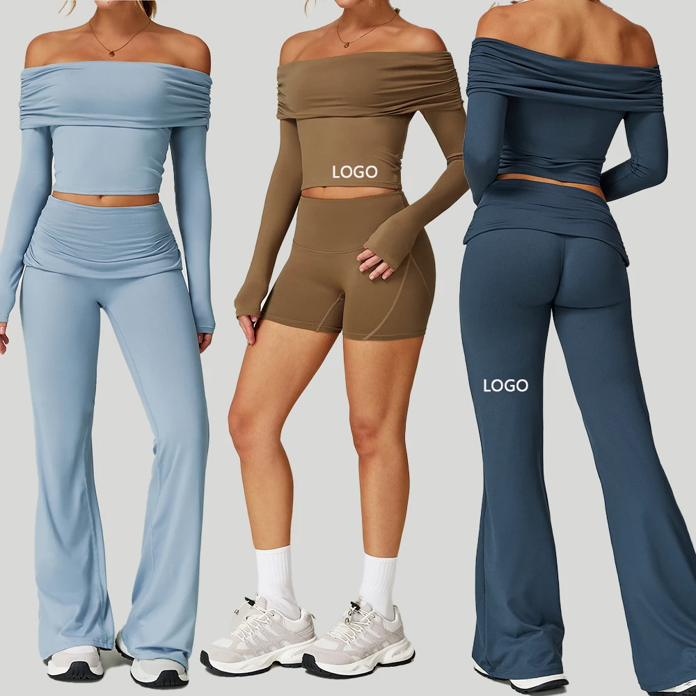 Wholesale off Shoulder Women's Yoga Set for Outdoor Fitness Comfortable Breathable High Quality Long Sleeve Custom logo
