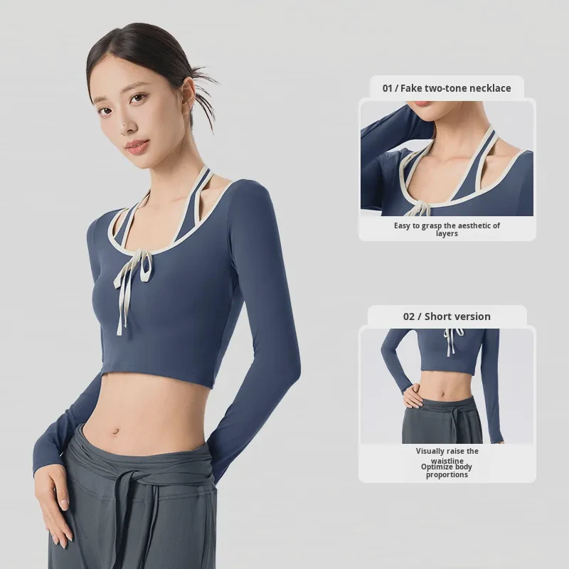 Women's Versatile Fitness Top Two-Piece V-neck Long-Sleeve Yoga Top Seamless Skinny Fit Breathable Front Logo Fixed Cups