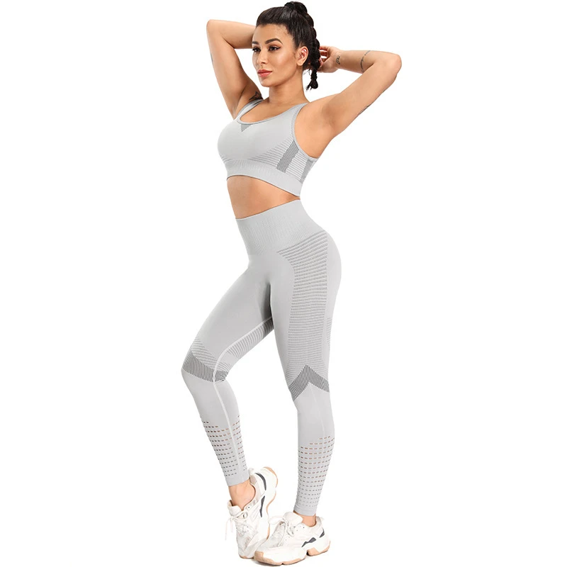 Hot Sale Women's Eco-Friendly Yoga Activewear Set High Strength Sports Bra Breathable Butt Lifting Mesh Seamless Solid Pattern