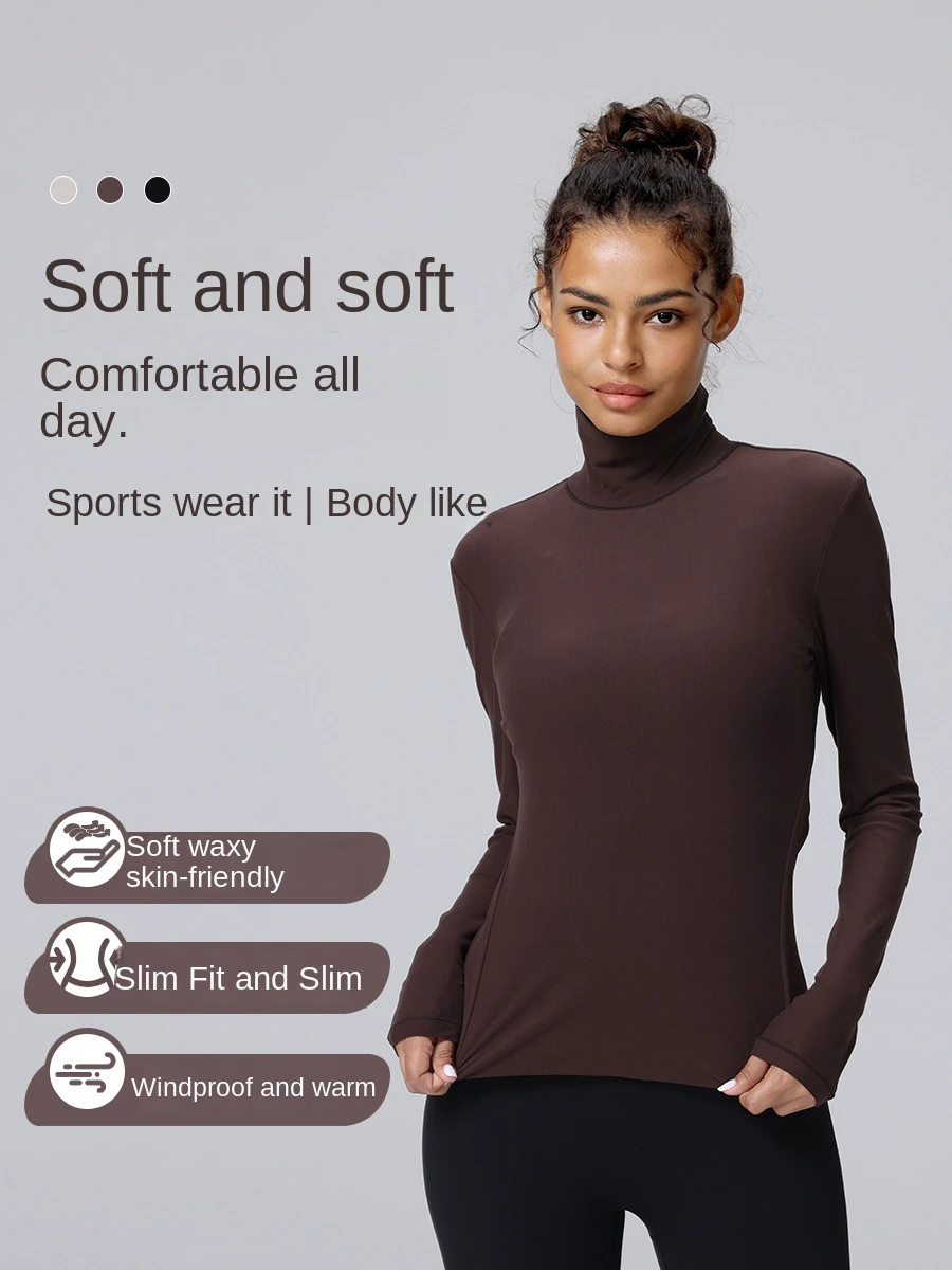 Wundermost Women's Soft Stretch Breathable Lightweight Long Sleeve Turtleneck Yoga Top Slim Fit Base Layer Tee Workout Daily