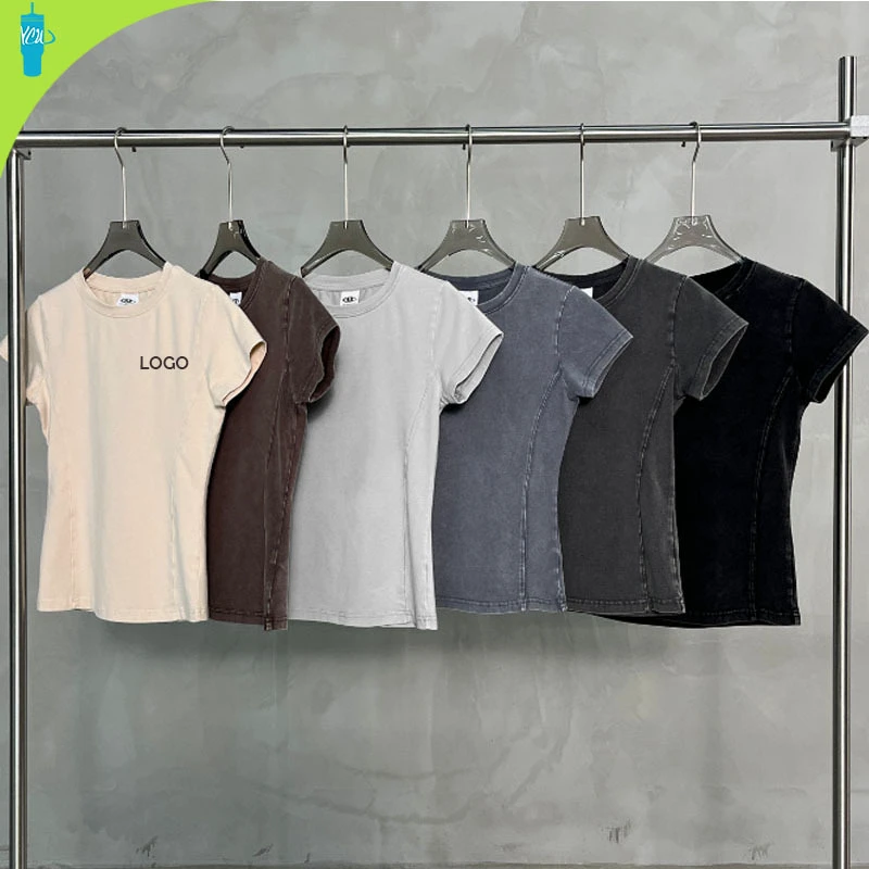 240g ODM Yoga Gym Sports Custom logo Cotton Blend Regular Sleeve Solid Color Vintage Slim-fit Women Summer New Style T Shirts