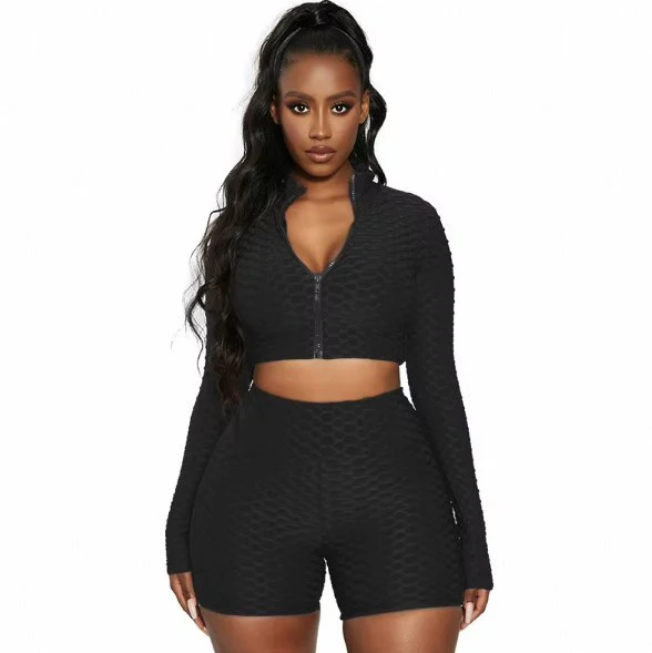 Women's Breathable Seamless Fitness Crop Top with Stand Collar Long Sleeve Zipper Sportswear Solid Color Yoga Clothes Drawstring
