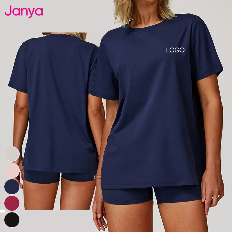 Janya Summer Breathable Women's T-Shirt Quick Dry Crew Neck Gym Yoga Tops Short Sleeve Casual Loose Fitness Sports Shirt