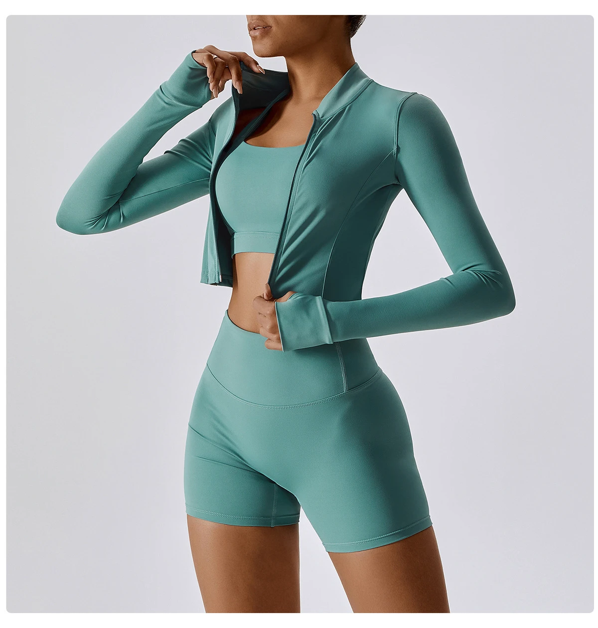 Women's Three Piece Yoga Gym Set with Customizable Logo on Waist V-Neck Sports Bra Full Zipper Jacket Butt Lift Flare Leg Pants