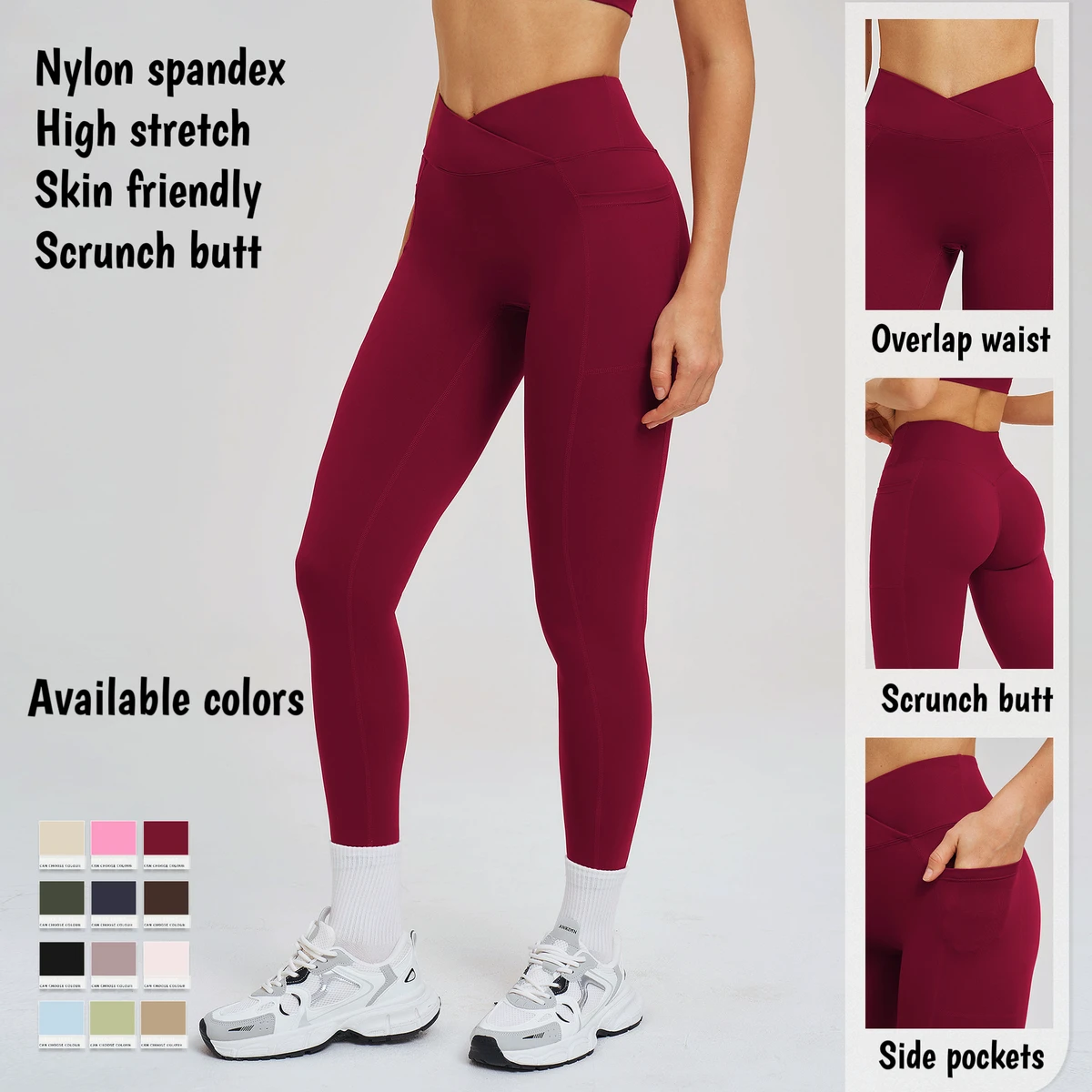 Women's Sportswear Yoga Tight Leggings Breathable Solid V Shape Overlap High Waist Scrunch Butt pants With Pockets