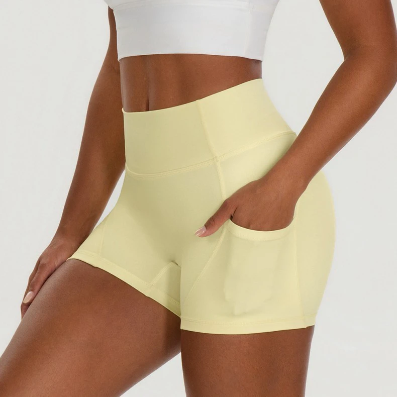 Womens Solid Nylon Spandex Yoga Tight Shorts with Side Pocket for Woman High Waist Quick Dry Sports Fitness Running Short Shorts