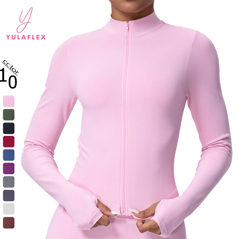 Seamless Long Sleeve T Shirts Slim Fit Sports Jackets for Women Breathable Turtleneck Zipper Outdoor Jackets Yoga Clothing
