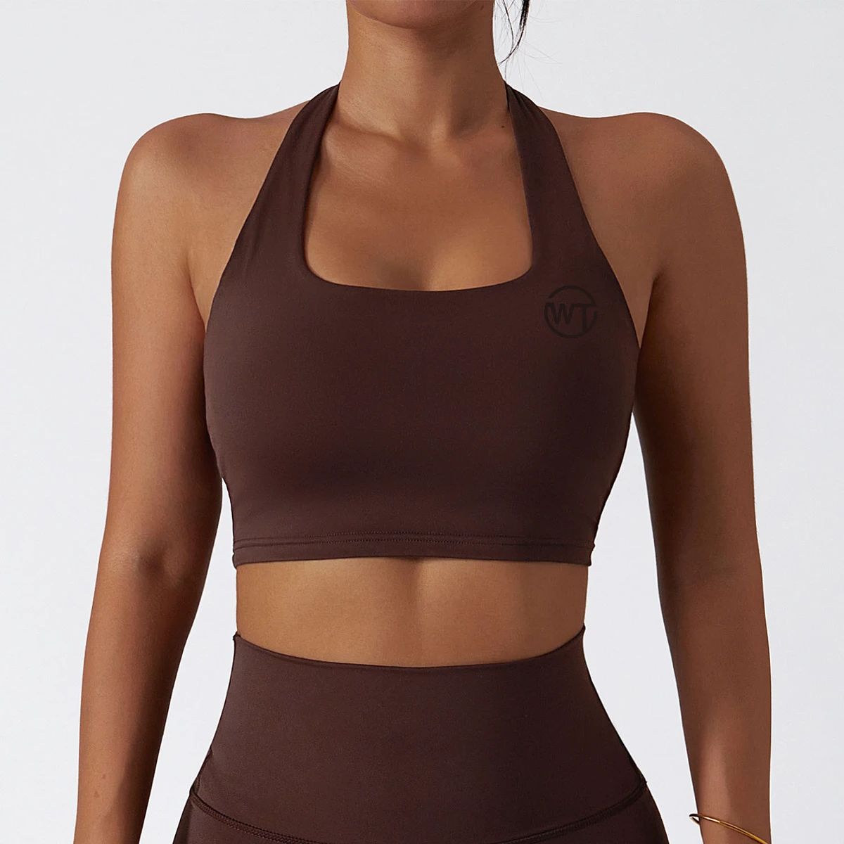 Women's Lightweight Solid Quick Dry High Support Yoga Bra with Halter Neck Backless Design & Front Logo-Free Shipping