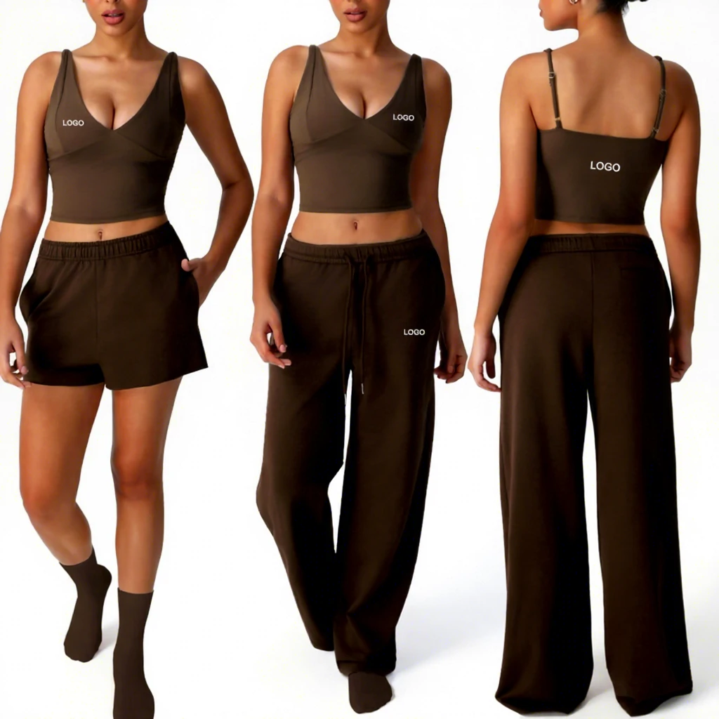 Wholesales V Neck Yoga Vest Crop Top Wide Leg Sweatpants Sets Athletic Sportswear Shorts Fitness Workout Track Suit for Women