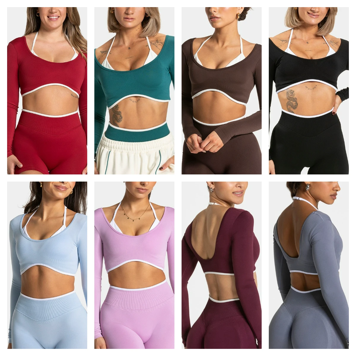 Women's cropped halter crew neck yoga top seamless long sleeves breathable and skin-friendly ideal for fitness customizable logo