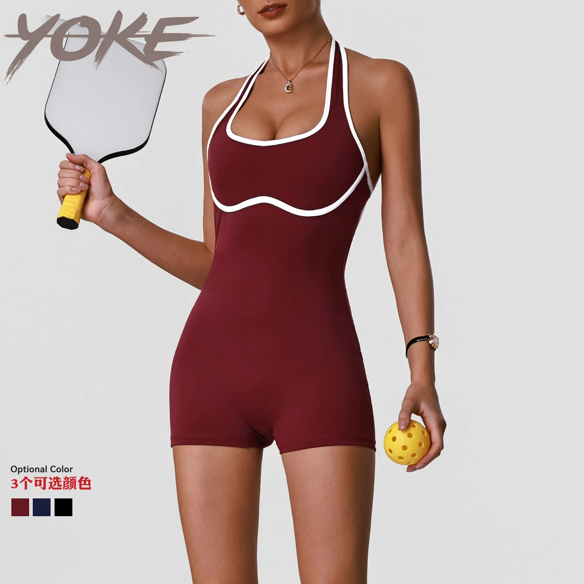 Yoke Contrast Color High-Back Sports Yoga Jumpsuit with Built-in Bra Pads and Tennis Shorts All-in-One Fitness Outfit
