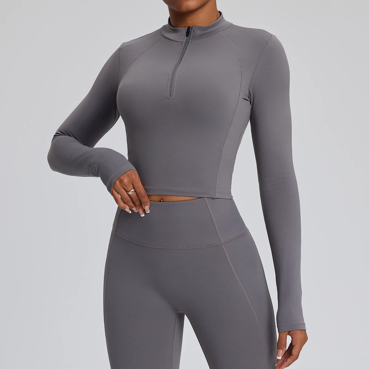 Women's Half Zipper for Solid Long-sleeved Yoga Clothes Tight Running Sports Outdoor High-intensity Top