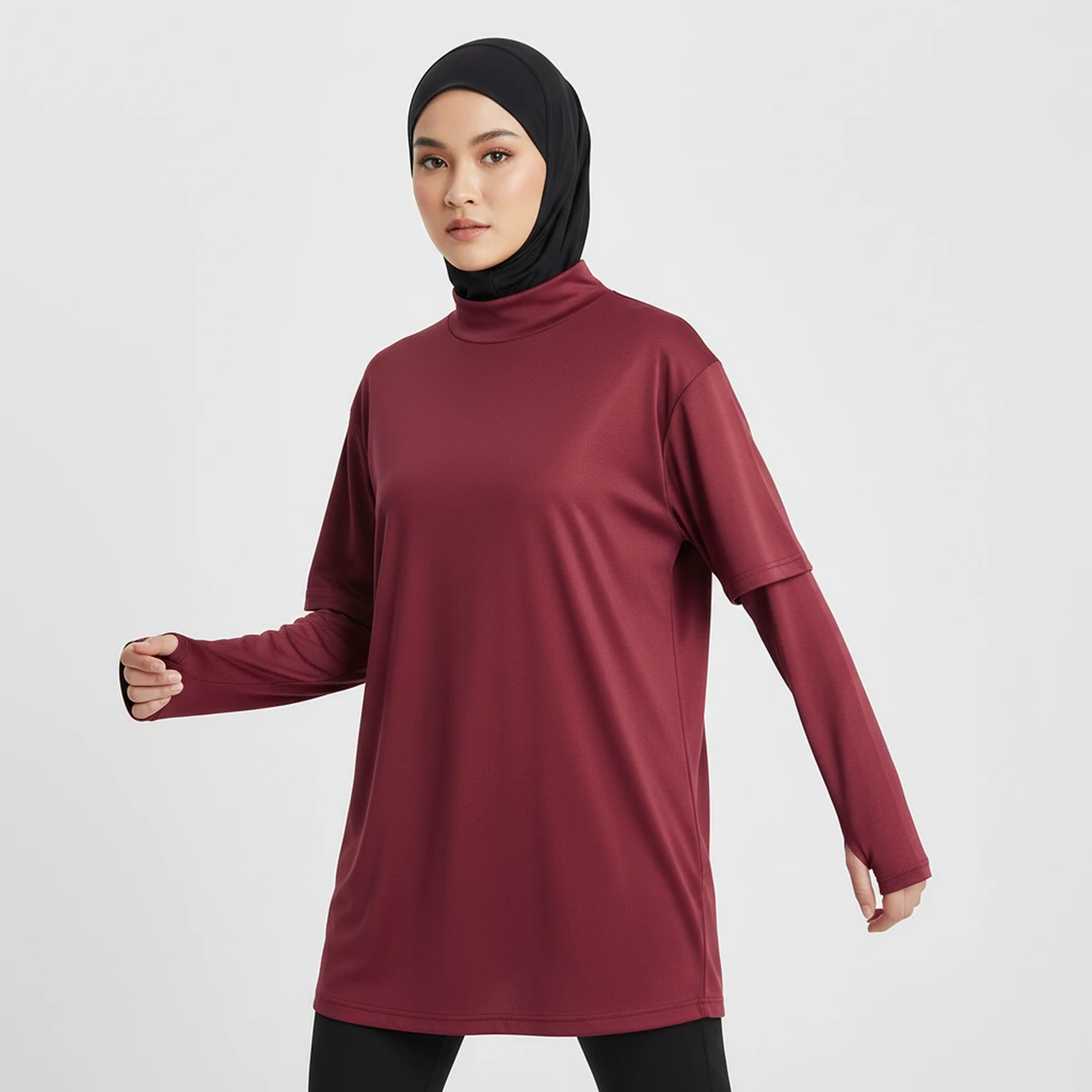 Modest Muslim Women's Breathable Quick-Dry Activewear Shirt UPF50+ Long Sleeve Thumbhole Design 100% Polyester Sports Gym