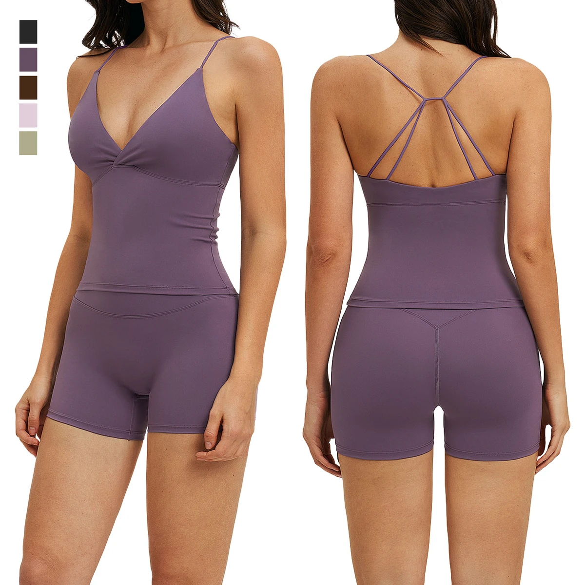 Women Yoga 2-Piece Set Solid Lightweight Breathable Backless Gym Tank Top Elastic V Cross Waist Workout Shorts Skin Friendly