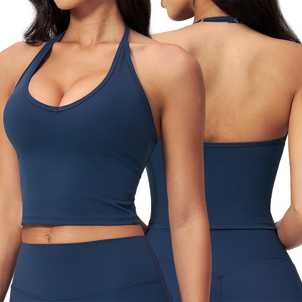CIYING Custom Brushed Open Back Yoga Bra Top Workout Deep V Halter Neck Sports Crop Top