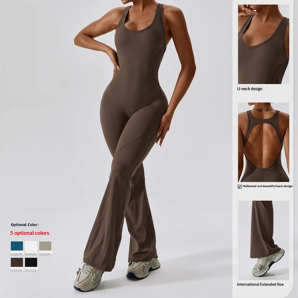 European American Solid 1-Piece Quick-Dry Spandex/Nylon Yoga Dance Sports Fitness Suit Butt-Lifting Tummy-Tightening Flared