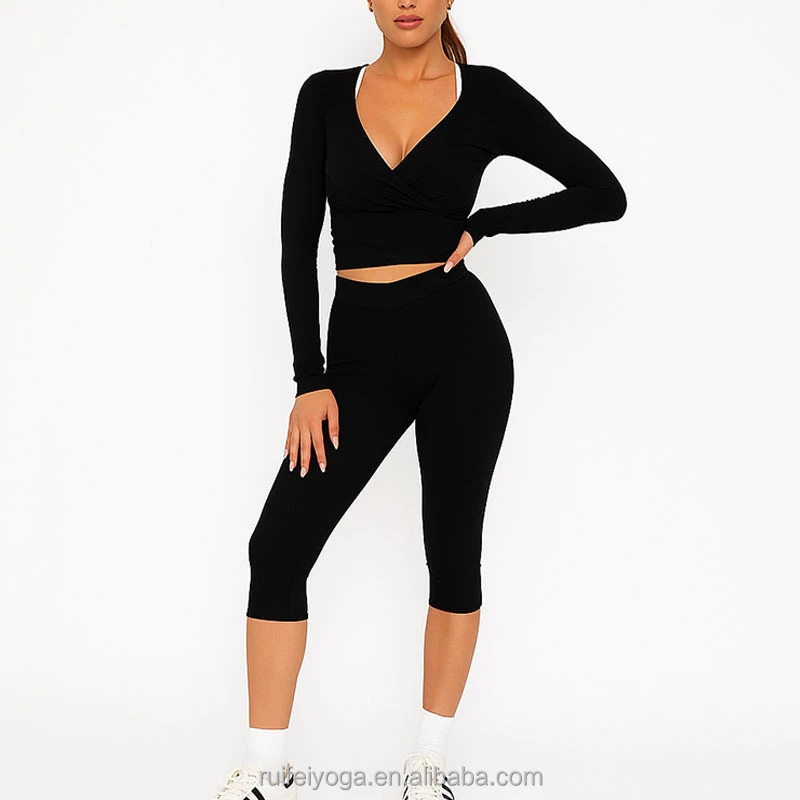 Custom Logo Polyester Elastane High Waist Stretch Cross Over 3/4 Length Workout Sports Gym Yoga Capri Leggings Pants for Women