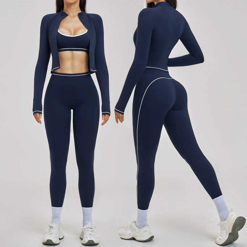 Custom Logo Women 3 Pieces Yoga Set Adjustable Bra High Waist Butt Lift Legging Breathable Quick Dry Jacket Slim Fit Active Set