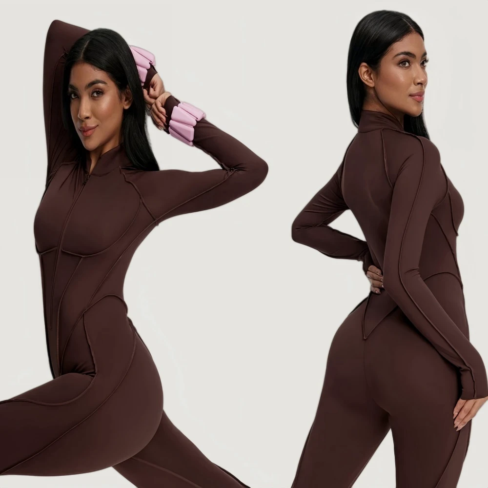 Wholesale Elastic Quick Dry Gym Clothes Half Zipper Long Sleeve Women One Piece Yoga Fitness Jumpsuits