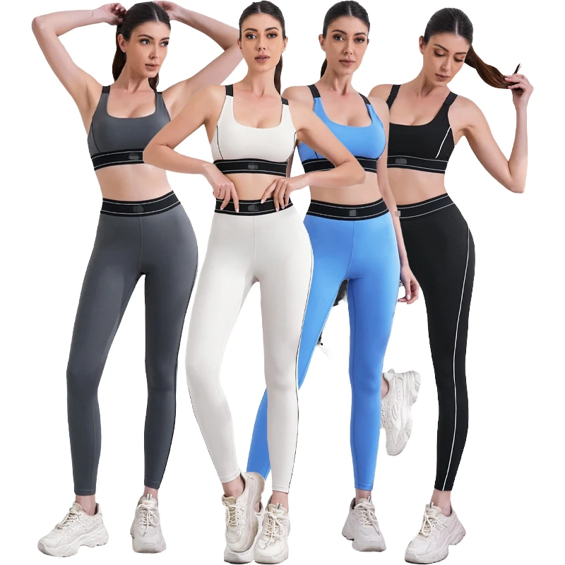 Women's Solid Pattern Two-Piece Sports Activewear Set Bra + Elastic Waist Leggings for Fitness Workout Clothing