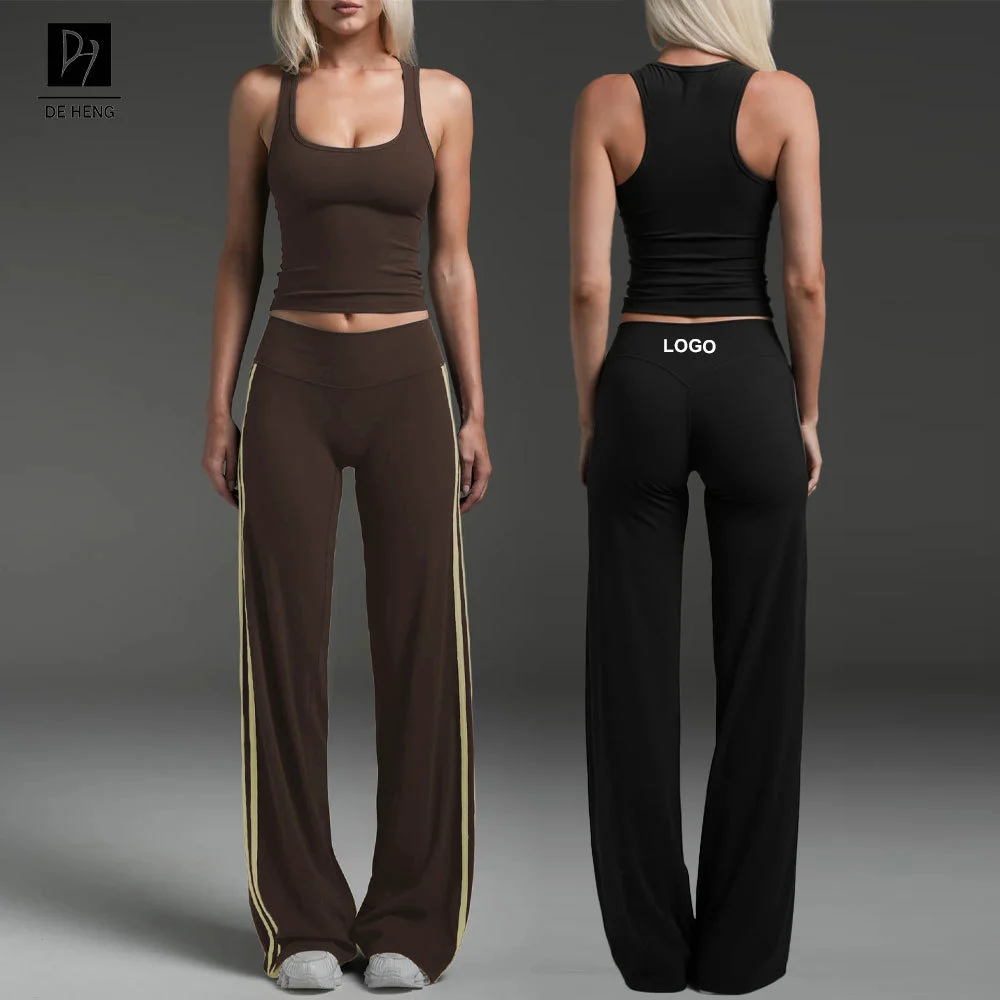 Custom Logo Racerback Yoga Set Slim Fit Gym Vest & Side Stripe Straight Leg Pants Suit 2 Piece Workout Women Sets