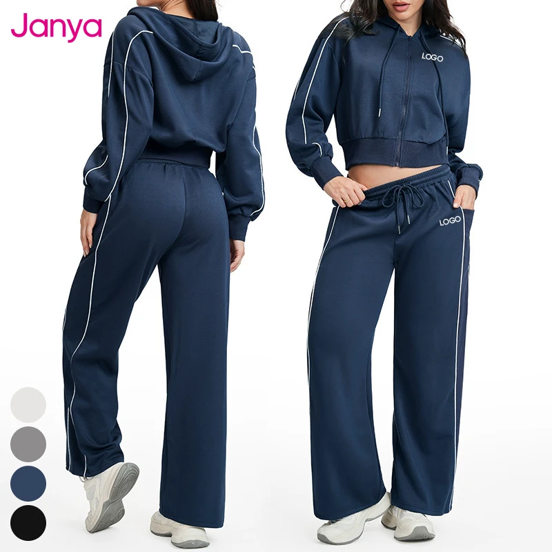 Janya Casual Loose Logo Gym Fitness Clothes Sets Wide Leg Sweatpants Hooded Jacket Suit Color Blocked 2 Piece Yoga Set for Women