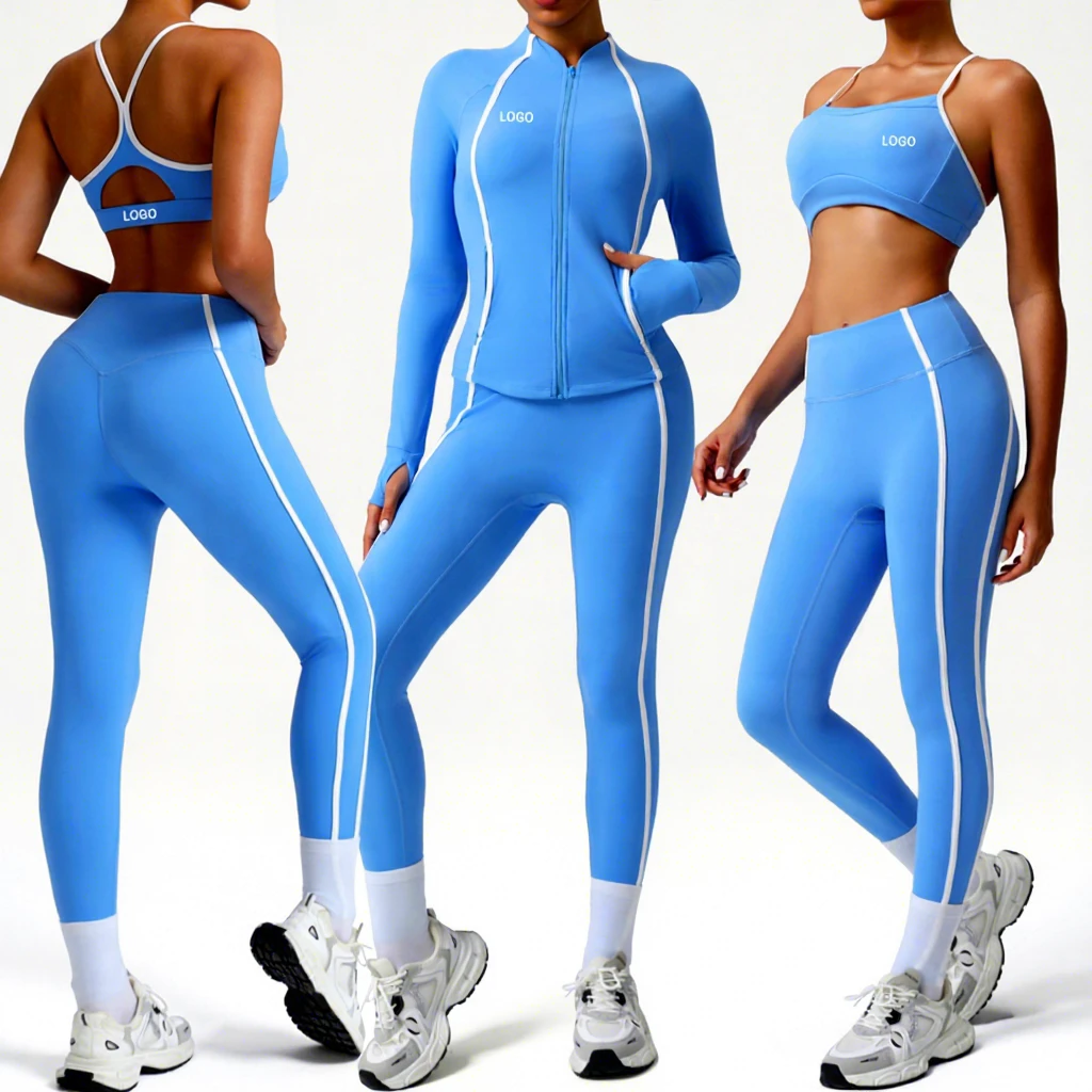 Women's Super Stretchy Slim Fit 3 Piece Fitness Sports Sets Breathable Gym Clothing Sportswear Running Workout Jacket Yoga Sets