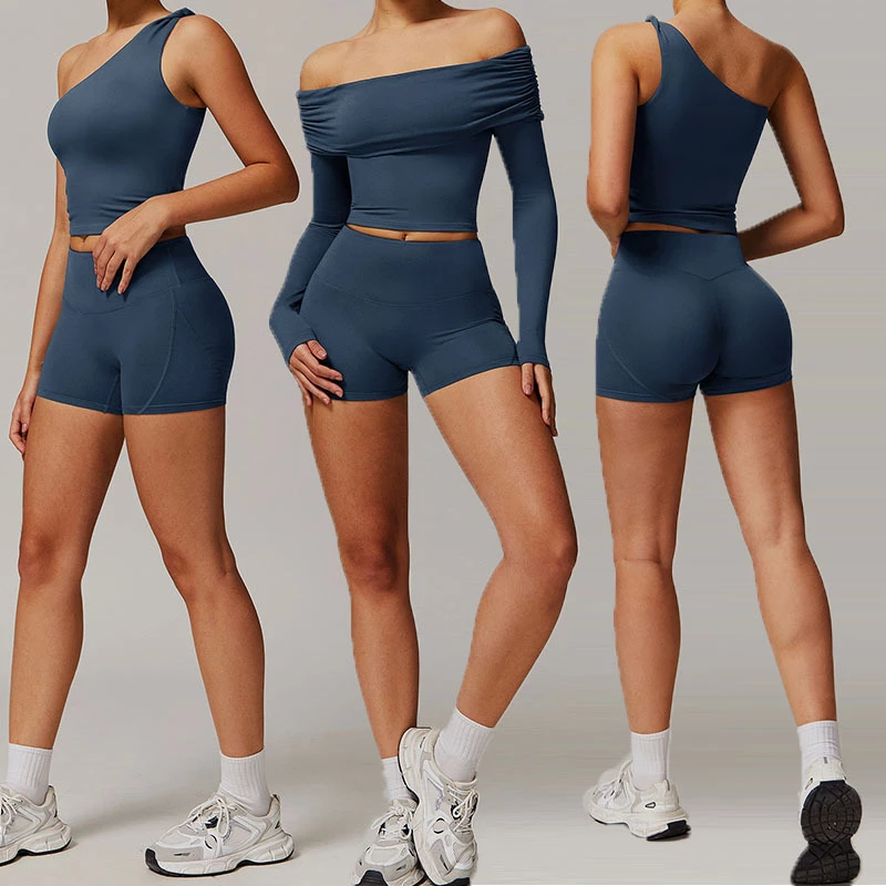 Asymmetric Off-The-Shoulder Long Sleeve Yoga Set High Waist Shorts 2 Piece Solid Color Spandex Polyester Seamless Workout Wear