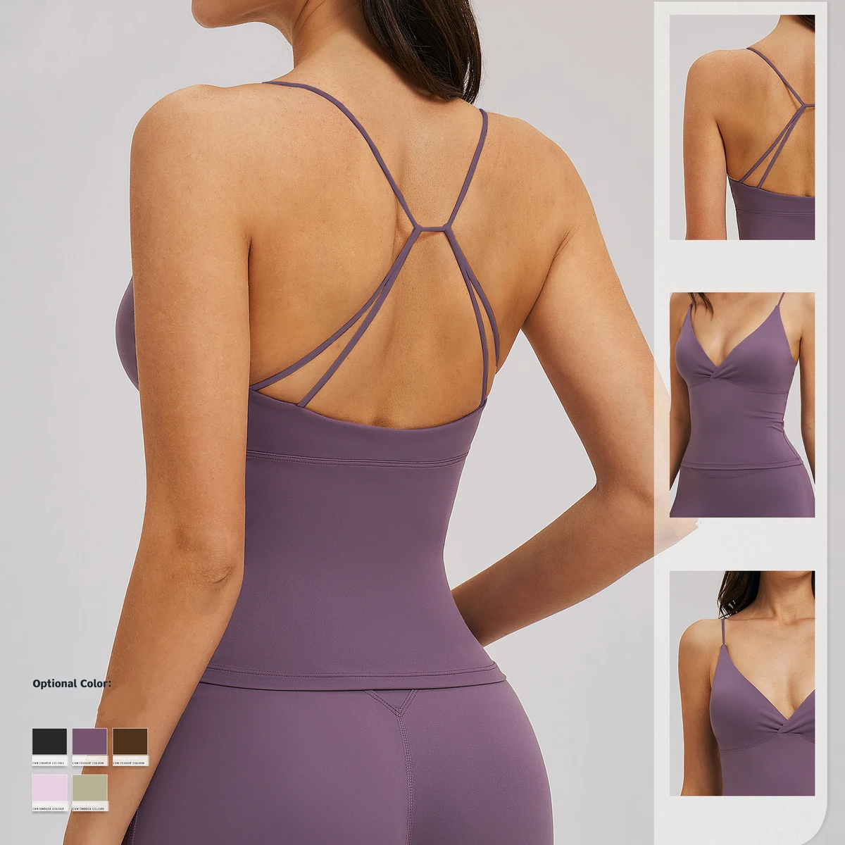 Women's Sports Bra Tank Top Deep V Neck Halter Back Hollow Solid Brushed Nylon Breathable Gym Yoga Fitness Workout Bra Summer