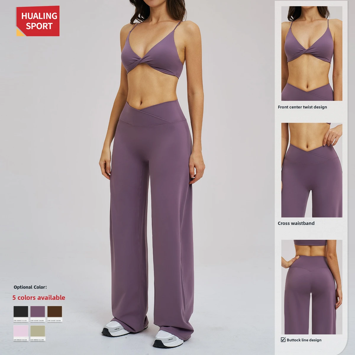 Trending Women's 2 Piece Yoga Set, High Waist Wide Leg Pants with Twist Front Sports Bra, Activewear for Gym, Running & Workout