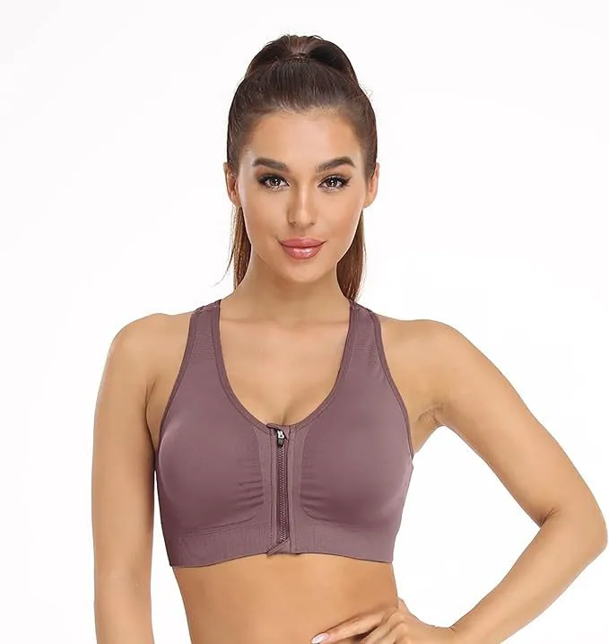 Women's Eco-Friendly Reversible Print High Support Zip Front Wireless Sports Bra for Yoga & Post-Surgery Use