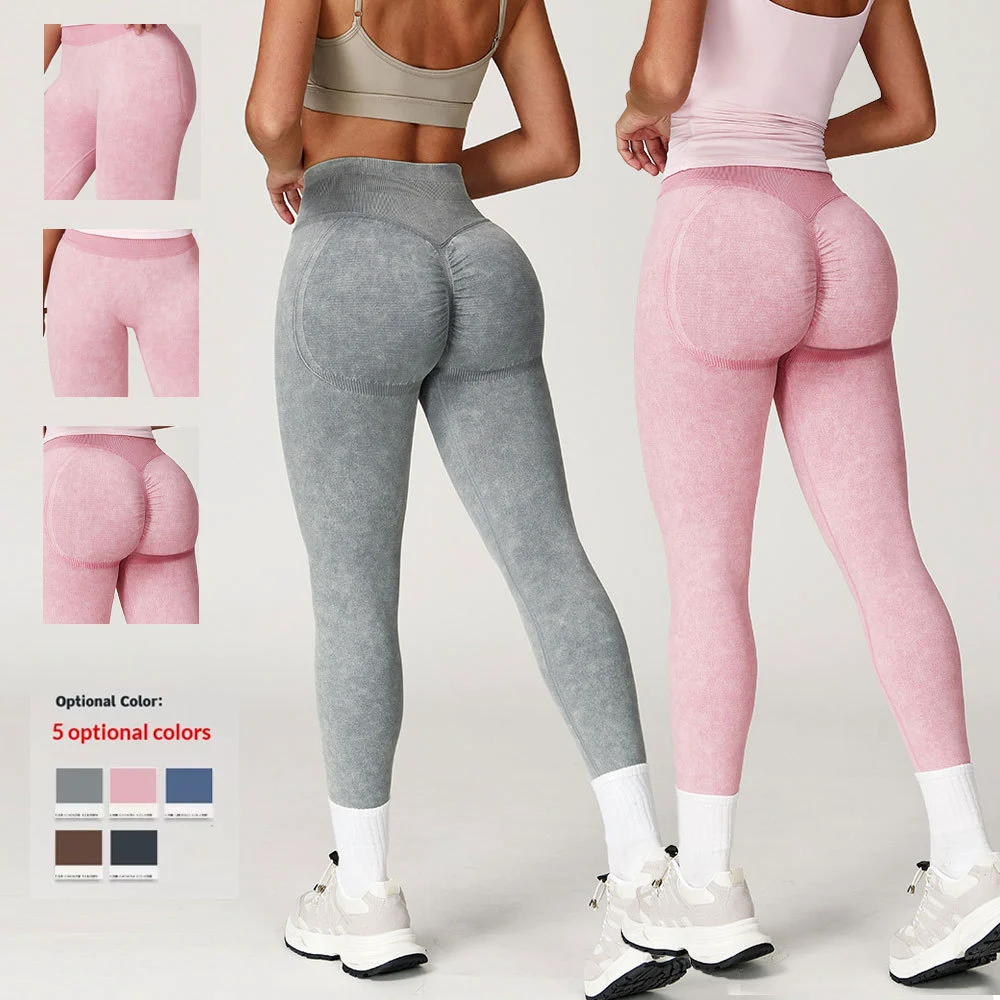 High Quality High Waist Push up Leggings Slim Workout Ribbed Leggings Sand Washed Running Sports Seamless Women Yoga Leggings