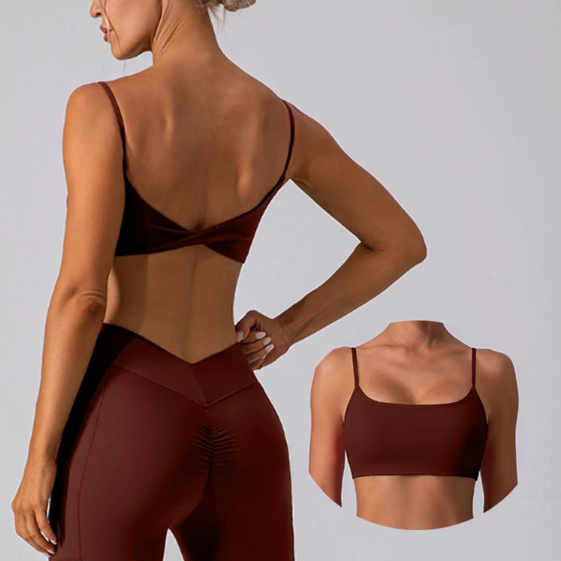 Custom GS Power Unstoppable Backless square Neck Back Twist Sports Bra Cami Strappy Padded Spandex Sport Bra