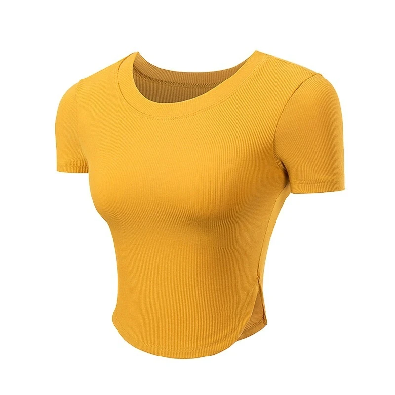 Internet Celebrity Women's Yoga Wear Quick-Drying Ribbed Slim Running T-Shirt Chest Pad Front Print Short-Sleeved Sports Top