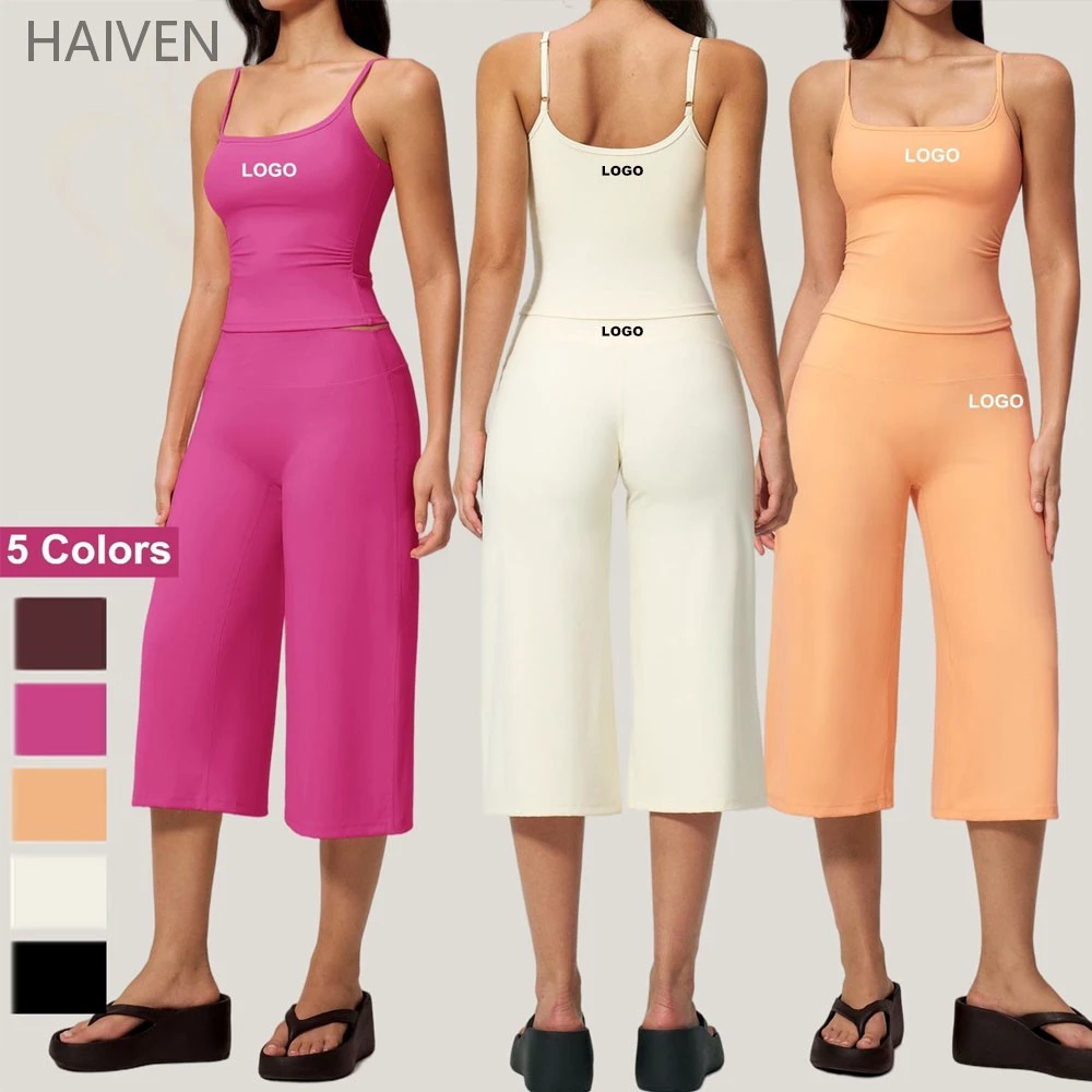 Women Sportswear Suit Sports Yoga Tank Top Vest Capri Wide Leg Pants 2pcs Set High Waist Workout Clothing Gym Fitness Yoga Sets